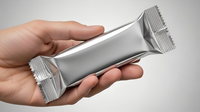 Hand holding blank silver foil snack bar packaging mockup isolated on gray background