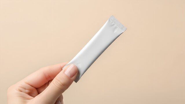 Hand holding blank white sachet stick pack mockup isolated on beige background