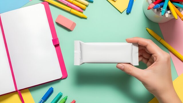 Hand holding blank white snack bar mockup on colorful stationery background