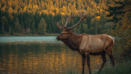 A majestic elk standing by a lake with a forest in the background during autumn. Nature scene featuring wildlife and serene water.