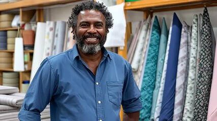 Creative fabric store owner shares his expertise and passion for textiles in a vibrant studio filled with colorful materials