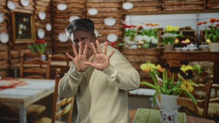 Senior man with hands raised, palms forward in a defensive stop gesture at a dining building; alarm concern.