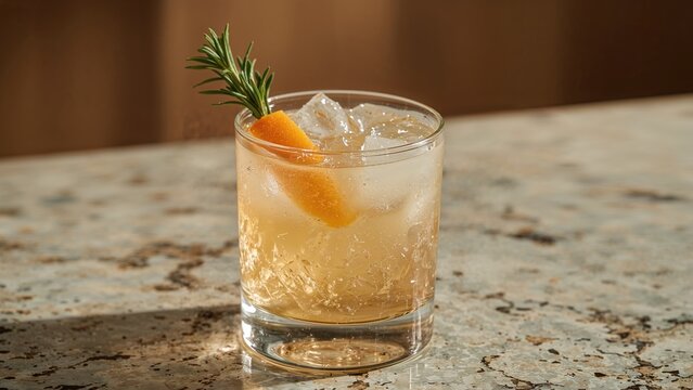 A refreshing drink with a slice of orange and a sprig of rosemary in a glass over a marble surface.