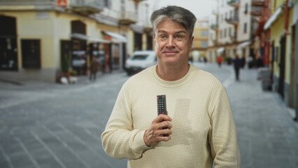 Man holding remote control in right hand against chest on a street with shopfronts and cobblestones; contentment nostalgia.