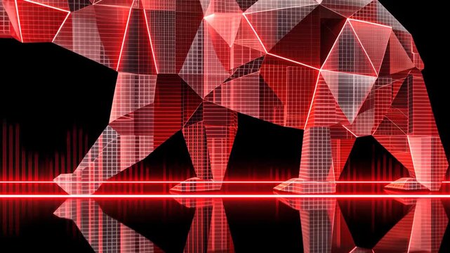 Walking bear made of red geometric shapes highlights modern art in digital space