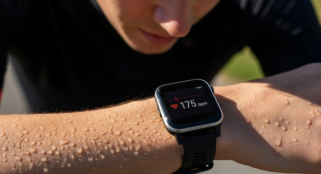 Athlete checking real-time heart rate on a smart fitness watch during an intense outdoor workout, showcasing dedication to health and performance tracking