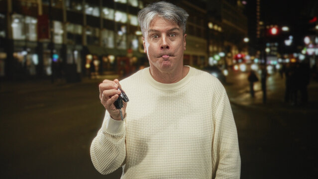Man holding car keys in hand with pursed lips and slight shrug on a city street at night; late night confusion. - Powered by Adobe