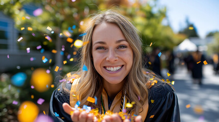 Graduate portrait shoot on campus, cap toss moment, confetti and joy, milestone pride, with copy space