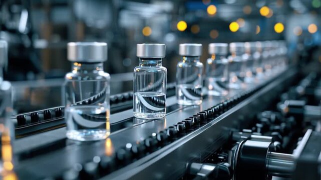 High-tech laboratory vaccine manufacturing scene, sterile medicine vials traveling on conveyor, emphasizing precision, innovation, and safety in pharmaceutical biotechnology production.