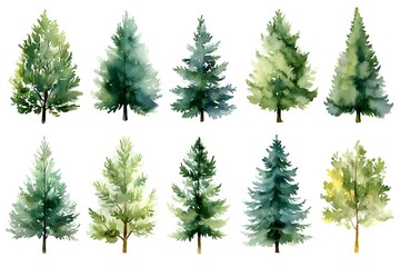 Fototapeta premium Set of watercolor evergreen trees, hand-painted conifers in varied shades of green, isolated on white; botanical clip art collection for seasonal design, cards, and winter forest themes.