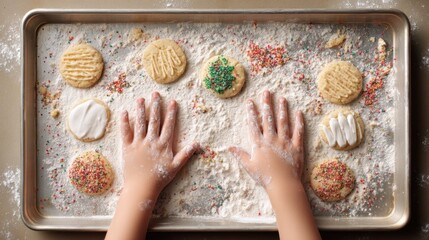 Child is making cookies with sprinkles on a pan. Christmas background.