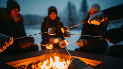Hands holding skewers with marshmallows roasting over a campfire with people in background