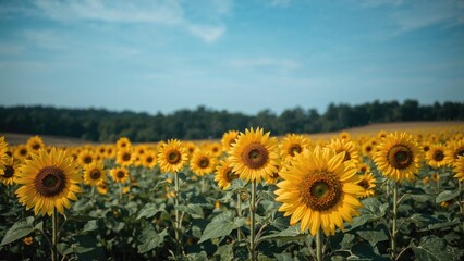 Fototapeta premium Bright sunflower field under blue sky with clouds. Nature scenery and agriculture, concept. The beauty of summer and sunlight in a sunflower landscape.
