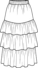 Tiered skirt technical fashion sketch, elastic waistband, gathered layers,Tiered skirt technical fashion sketch, elastic waistband, gathered layers, © Umme