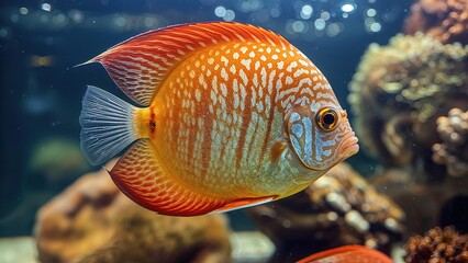 Colorful tropical fish in an underwater scene with coral and rocks. Marine life and ocean ecosystem. Aquatic animals and habitats. The vibrant underwater environment.