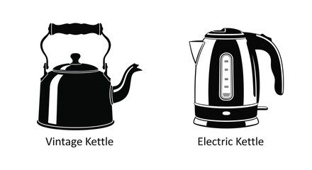 Two kettles depicted in black and white a vintage and an electric model