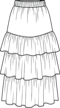 Tiered skirt technical fashion sketch, elastic waistband, gathered layers,Tiered skirt technical fashion sketch, elastic waistband, gathered layers,