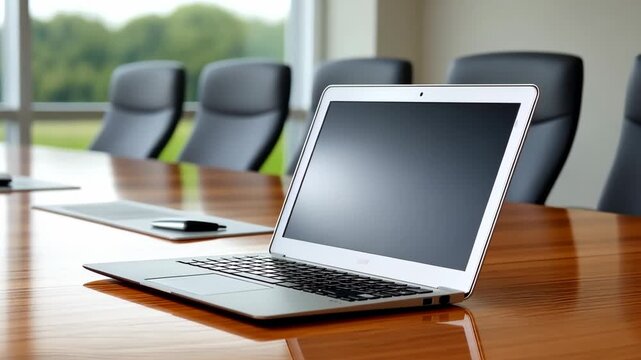 Meeting setup with a laptop in a modern conference room featuring a wooden table and comfortable chairs - Powered by Adobe