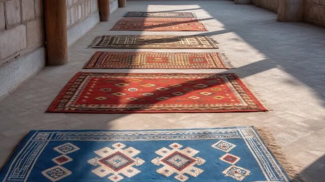 Colorful patterned rugs laid out on a sunlit corridor, showcasing traditional craftsmanship and vibrant designs in a serene setting 4k video footage