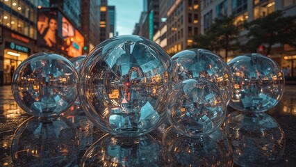 Reflection of shoppers in crystal balls on city street with illuminated buildings and advertisements and trees. Urban environment, modern city, night scene, commerce. Public and outdoor space.