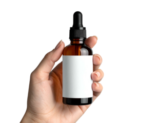 Hand holding dropper bottle on black background