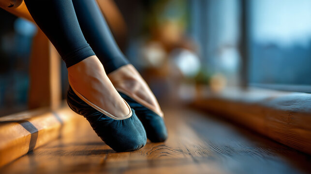Ballet rehearsal shoot, dancer stretch at barre, soft wood floors, elegance and discipline, with copy space