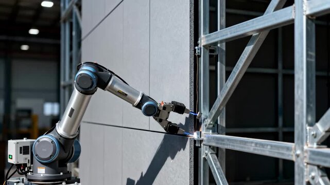 Close medium angle of a robotic system precisely fastening cladding panels to a building frame showcasing innovative construction technology