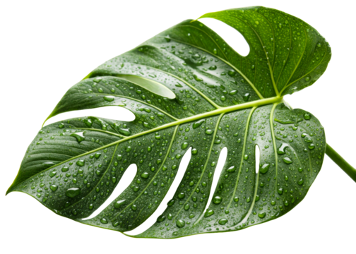 Vibrant green monstera leaf with glistening water droplets, perfect for nature, health, and wellness visuals and presentations