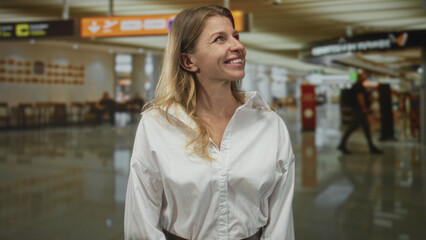Woman smiling and looking up toward departure signs at a busy airport terminal, white shirt and...
