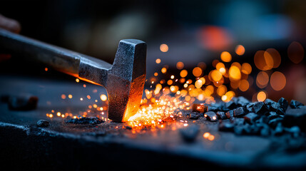 Blacksmith forge shoot, glowing metal and hammer strike, sparks in darkness, timeless craft, with copy space