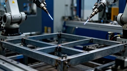 Closeup medium view capturing the swift motion of robotic tools constructing a durable frame emphasizing speed in technological automation.