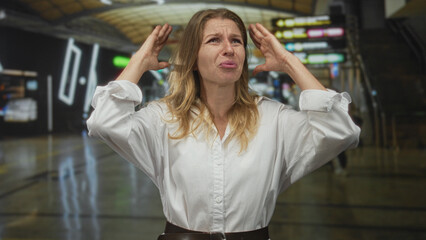 Woman with hands raised pleading and crying in airport terminal, wearing white blouse, palms visible, gesturing for help; distress travel.