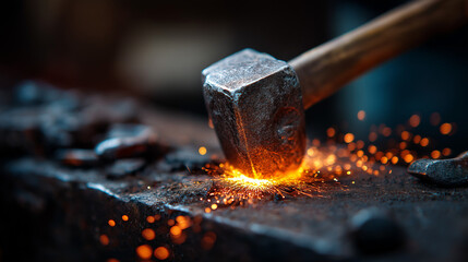 Blacksmith forge shoot, glowing metal and hammer strike, sparks in darkness, timeless craft, with copy space