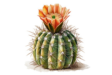 Realistic Watercolor Golden Barrel Cactus Plant Isolated on Transparent Background