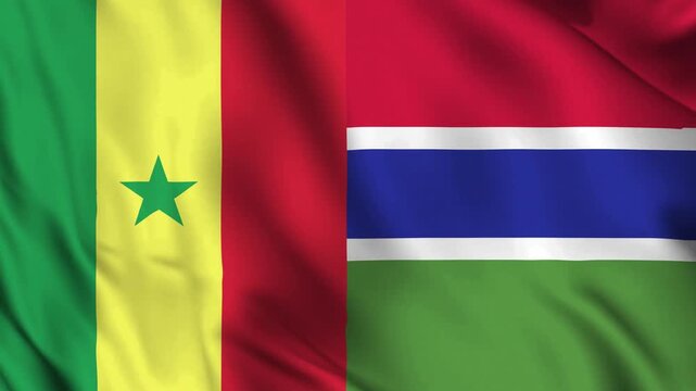 Senegal and Gambia (Senegambia) waving together in the wind as horizontal flags, symbolizing unity, shared heritage, and regional cooperation.