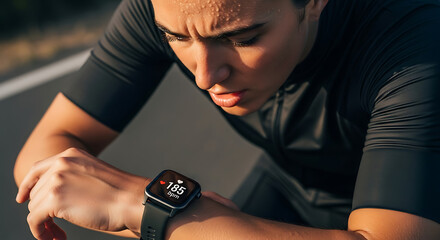 Focused male athlete monitoring his heart rate and performance data on a smartwatch during an intense outdoor training session