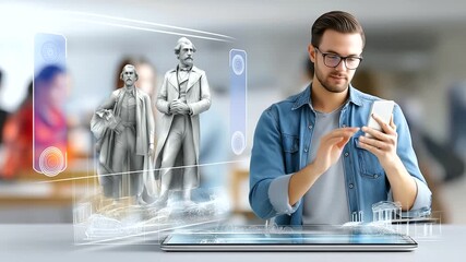 Augmented reality in education, students interacting with virtual historical figures, immersive learning tools, classroom transformed by holograms, innovative edtech scene, blurred - Powered by Adobe