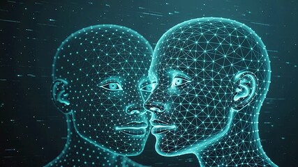 Two glowing blue digital human heads, one a mesh network and the other dotted, face each other, symbolizing AI, machine learning, and data exchange in technology. - Powered by Adobe