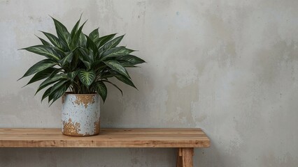 A potted plant with green leaves on a wooden table against a textured wall.