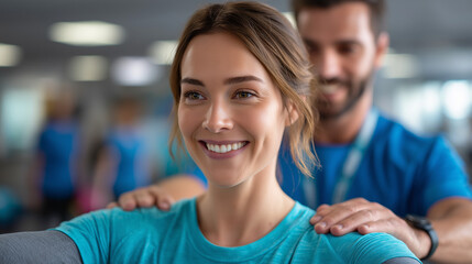 Healthcare fitness shoot, physiotherapist guiding stretch, clinic clarity, supportive coaching, with copy space