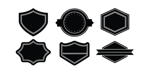 Collection Of Six Black Shield And Emblem Shapes With White Outline On White Background