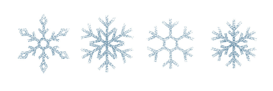 Minimal vintage stipple sandy dots snowflakes set. Cute dotted snow ice shapes collection. Fading gradient Christmas or New Year Holiday symbols.