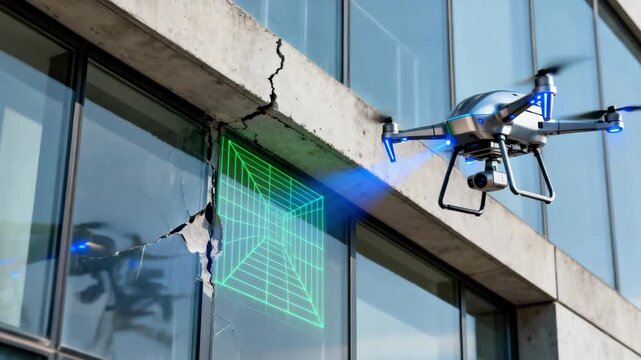 Hightech drone hovering close to a building facade scanning windows and exterior surfaces for maintenance assessment and damage detection.