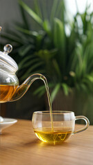 Tea pouring from glass teapot into cup