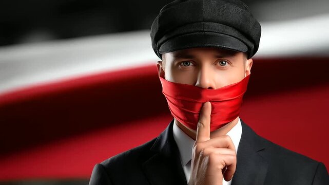 Authoritarian regimes suppressing free speech, journalists gagged symbolically, underground resistance, political oppression depicted, dark shadowy art with red accents, blurred ba