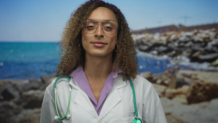 Woman doctor with curly hair holding a green stethoscope against her white coat at a rocky seaside;...
