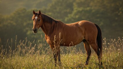 A brown horse standing in a grassy field with trees in the background.