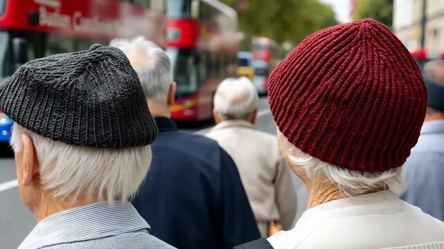 Elderly people waiting at a bus stop in a busy city with red buses in the background on a sunny day