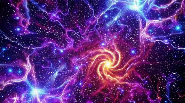 An abstract and dynamic representation of cosmic energy, featuring luminous swirling patterns and glowing particles. This vibrant image conveys concepts of universe, spirituality, and innovation.