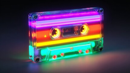Glowing neon cassette with vibrant colors, representing classic 90s music and throwback vibes